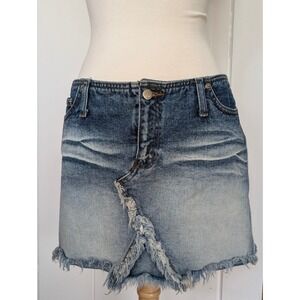 Y2K Mudd Distressed Denim Mini Skirt Frayed Hem Low Rise Blue Size